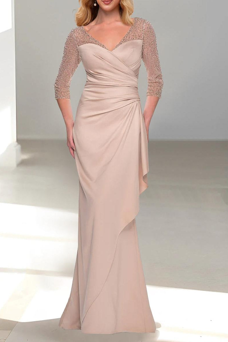 V Neck 3/4 Sleeve Trumpet Mermaid Mother of the Bride Dress with Beading