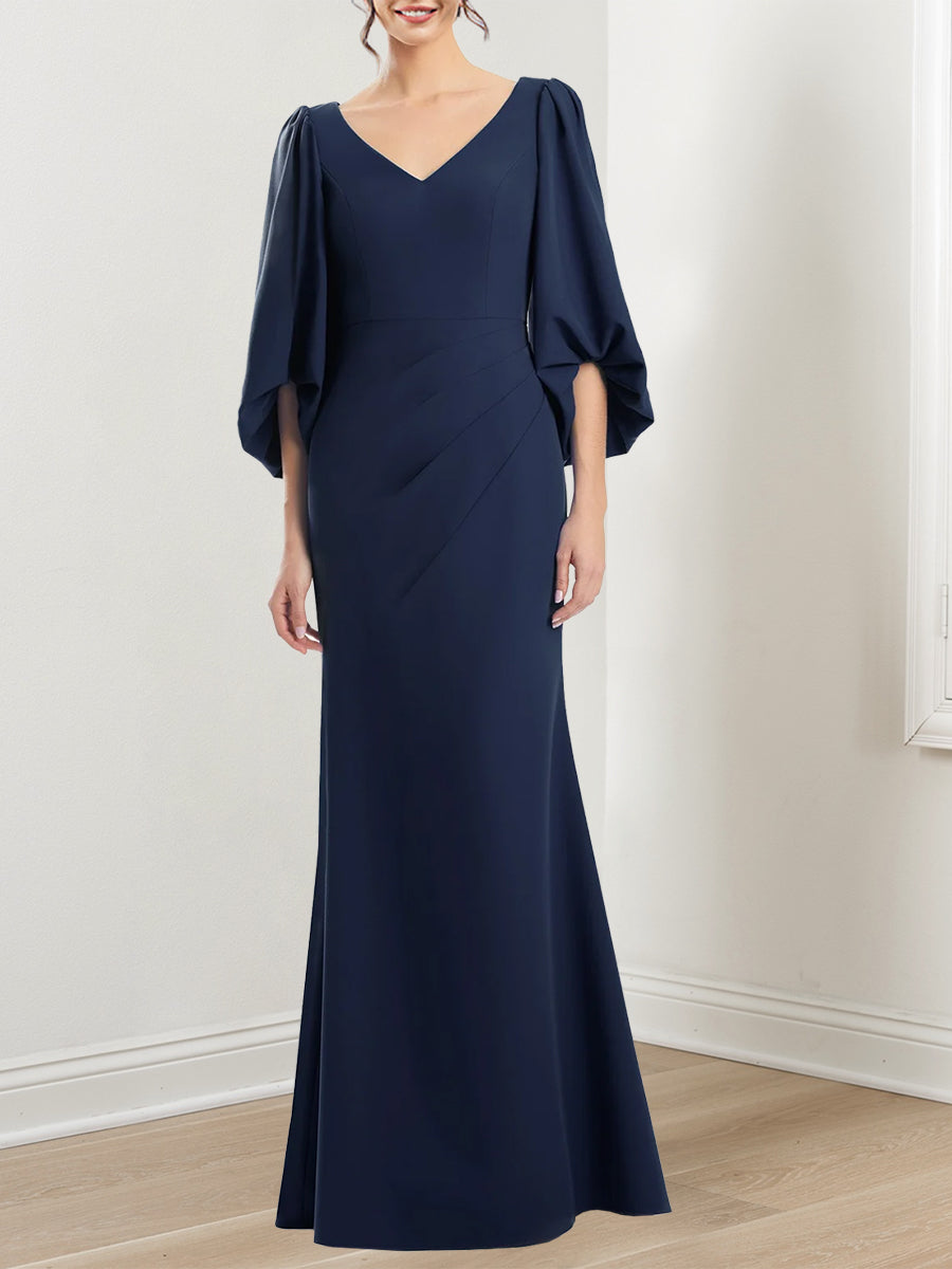 V Neck 3/4 Sleeve Trumpet Mermaid Mother of the Bride Dress with Ruffles