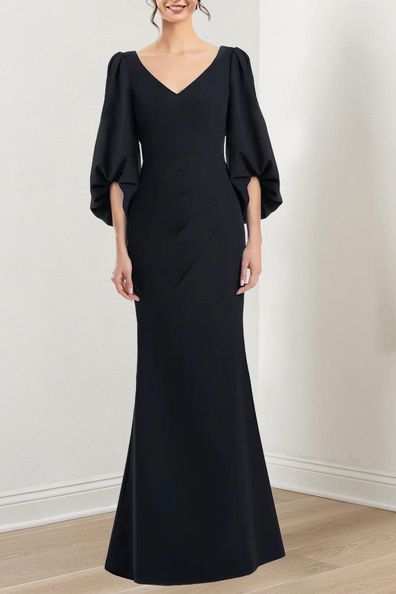 V Neck 3/4 Sleeve Trumpet Mermaid Mother of the Bride Dress with Ruffles