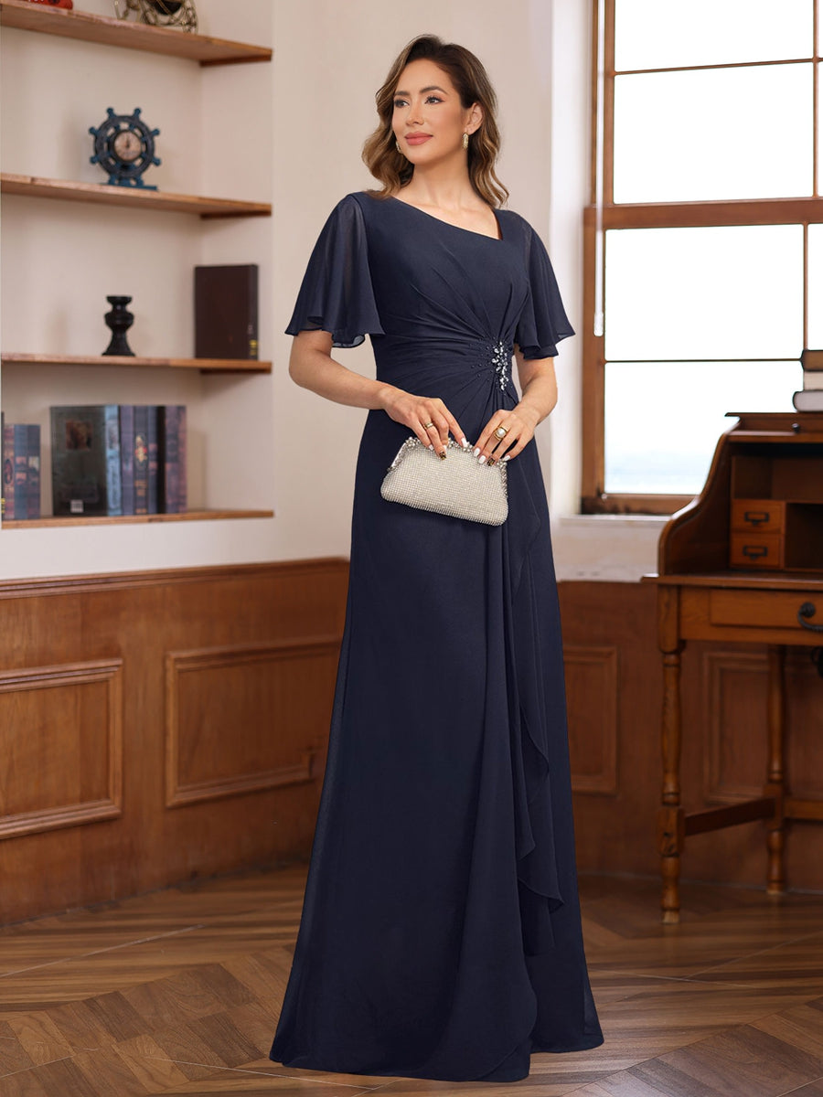 V Neck A Line Chiffon Dress with Short Sleeves Ruffles & Appliques for the Mother of the Bride or Groom