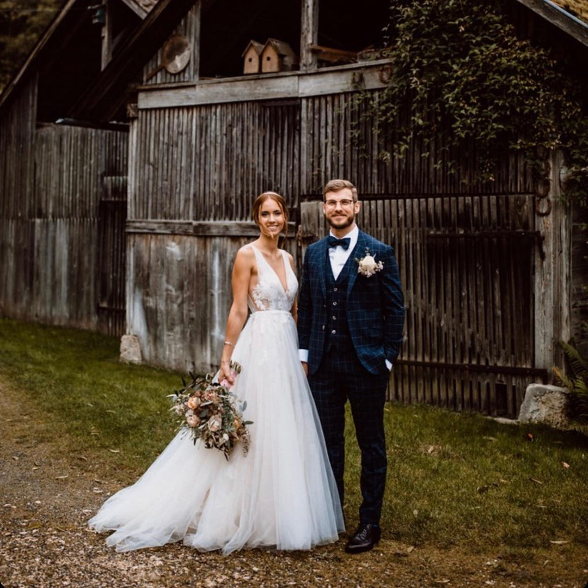 V Neck A Line Open Back Wedding Dress With Lace
