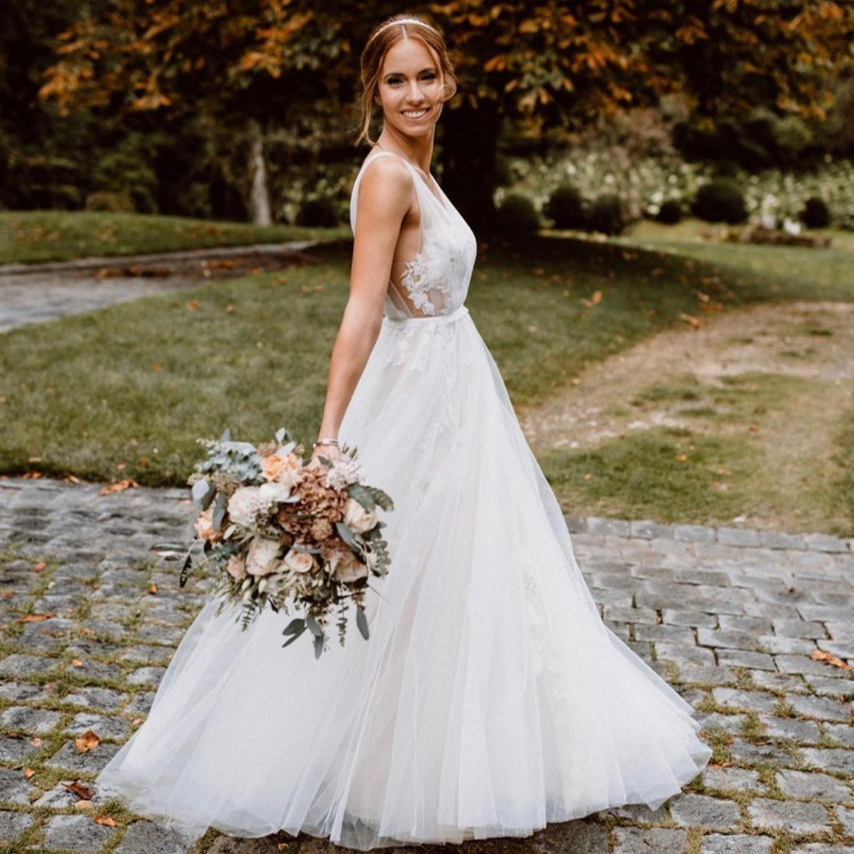 V Neck A Line Open Back Wedding Dress With Lace