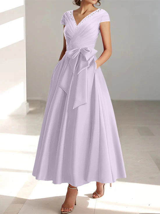 V Neck A Line Ankle Length Mother of the Bride Dress With Short Sleeves Pockets & Ruffles
