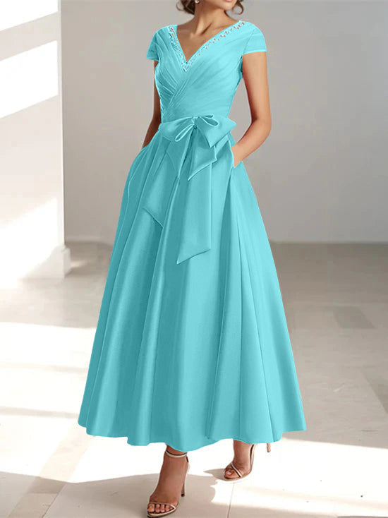 V Neck A Line Ankle Length Mother of the Bride Dress With Short Sleeves Pockets & Ruffles