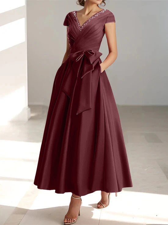 V Neck A Line Ankle Length Mother of the Bride Dress With Short Sleeves Pockets & Ruffles