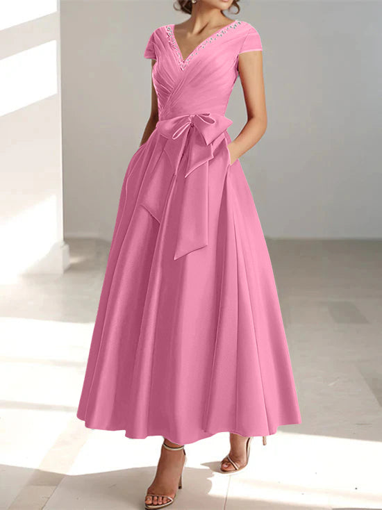V Neck A Line Ankle Length Mother of the Bride Dress With Short Sleeves Pockets & Ruffles