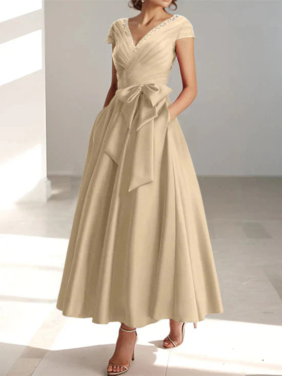 V Neck A Line Ankle Length Mother of the Bride Dress With Short Sleeves Pockets & Ruffles