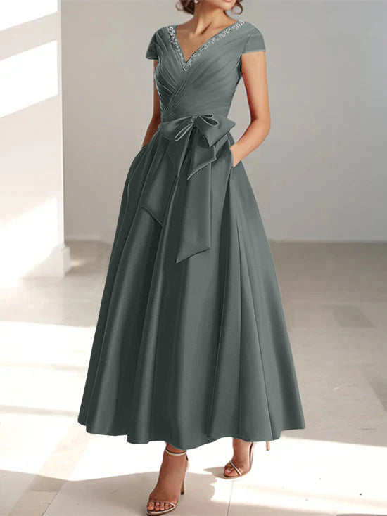 V Neck A Line Ankle Length Mother of the Bride Dress With Short Sleeves Pockets & Ruffles