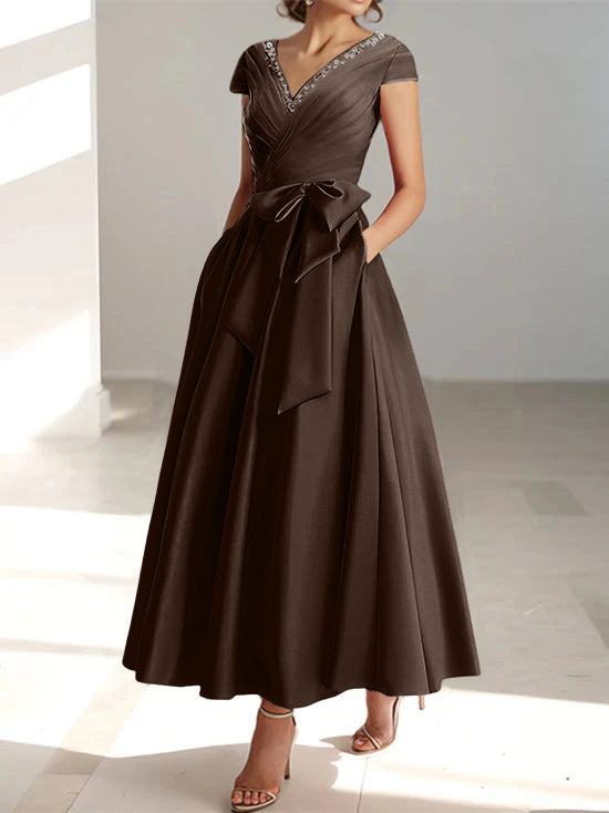 V Neck A Line Ankle Length Mother of the Bride Dress With Short Sleeves Pockets & Ruffles