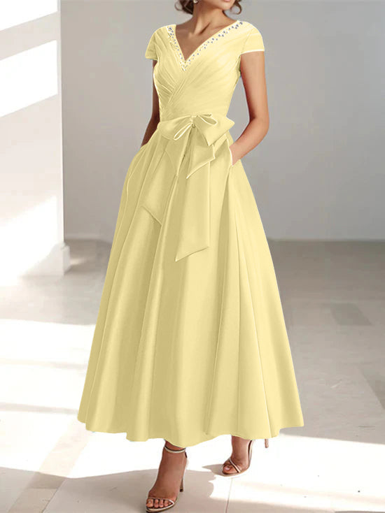 V Neck A Line Ankle Length Mother of the Bride Dress With Short Sleeves Pockets & Ruffles