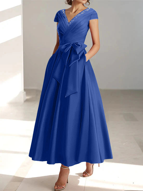 V Neck A Line Ankle Length Mother of the Bride Dress With Short Sleeves Pockets & Ruffles