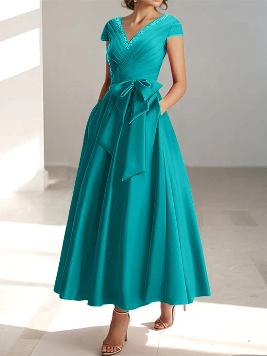 V Neck A Line Ankle Length Mother of the Bride Dress With Short Sleeves Pockets & Ruffles