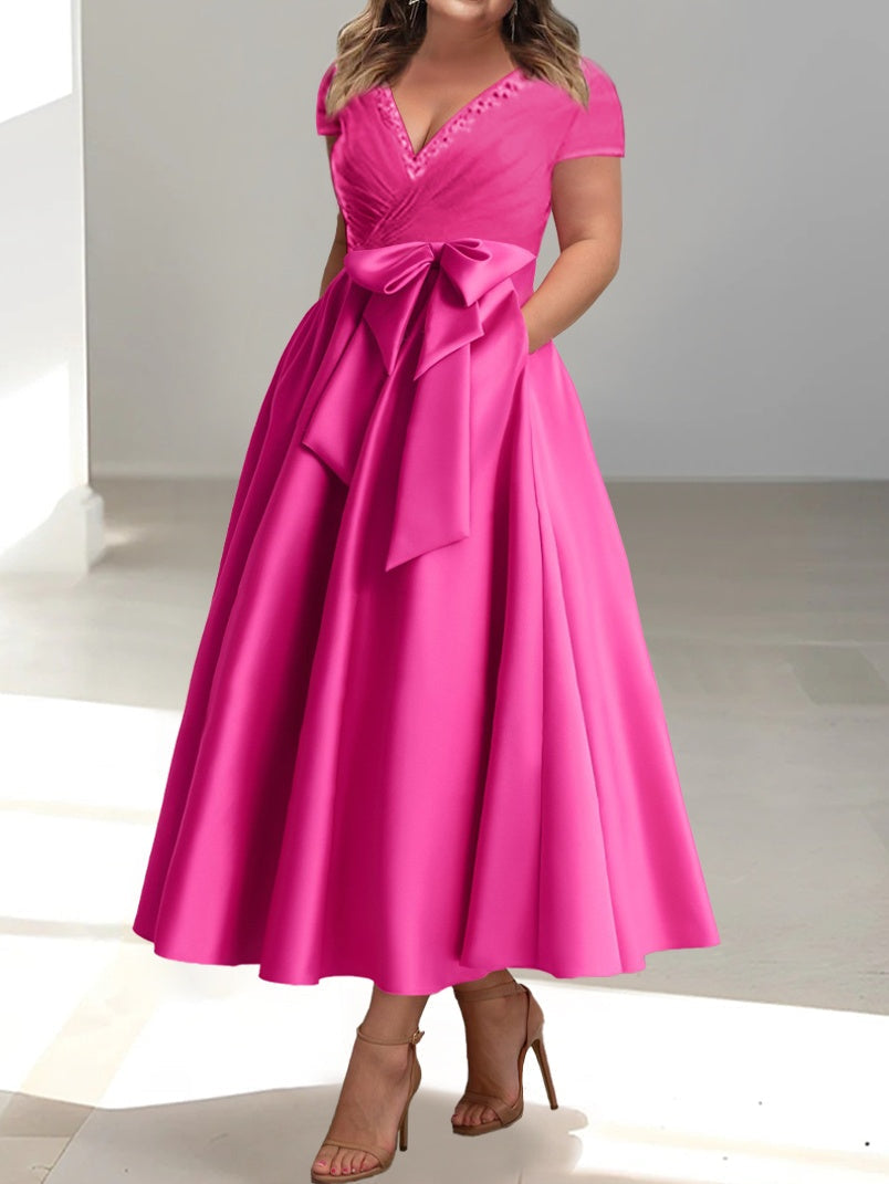 V Neck A Line Ankle Length Mother of the Bride Dress With Short Sleeves Pockets & Ruffles