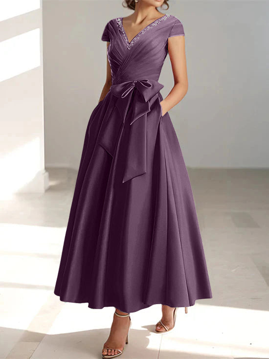 V Neck A Line Ankle Length Mother of the Bride Dress With Short Sleeves Pockets & Ruffles