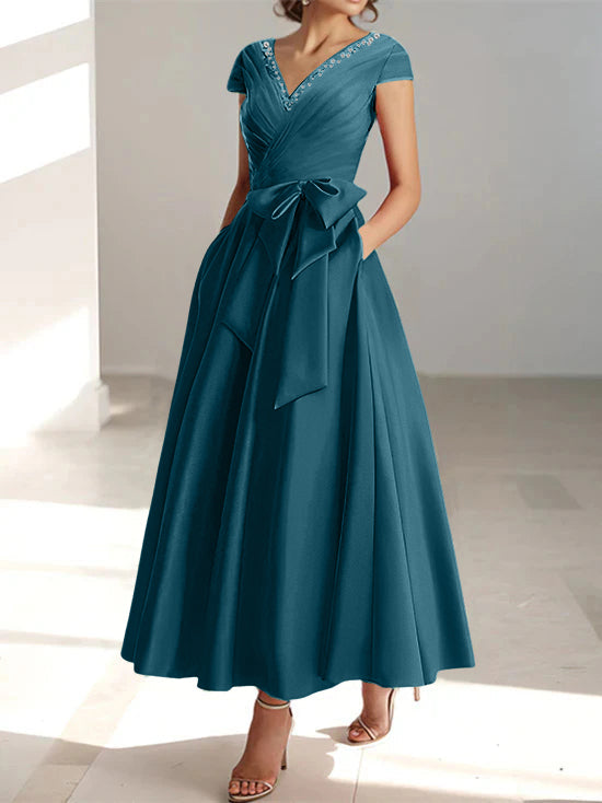 V Neck A Line Ankle Length Mother of the Bride Dress With Short Sleeves Pockets & Ruffles