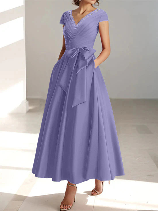 V Neck A Line Ankle Length Mother of the Bride Dress With Short Sleeves Pockets & Ruffles