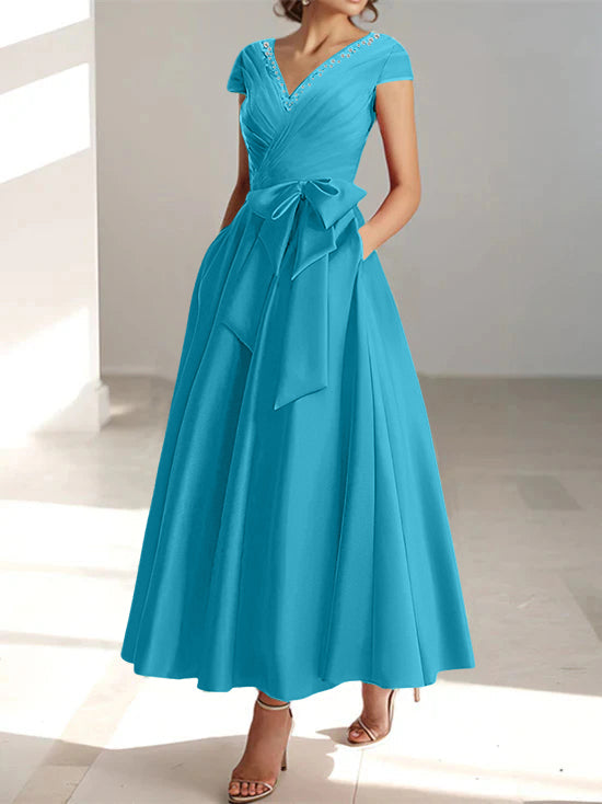 V Neck A Line Ankle Length Mother of the Bride Dress With Short Sleeves Pockets & Ruffles