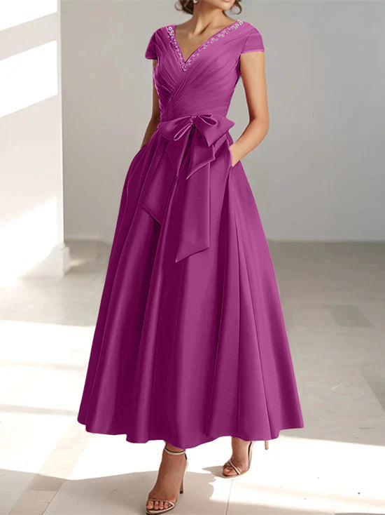 V Neck A Line Ankle Length Mother of the Bride Dress With Short Sleeves Pockets & Ruffles