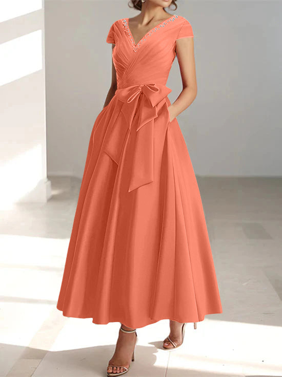 V Neck A Line Ankle Length Mother of the Bride Dress With Short Sleeves Pockets & Ruffles