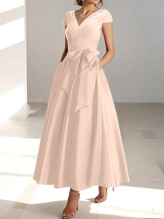 V Neck A Line Ankle Length Mother of the Bride Dress With Short Sleeves Pockets & Ruffles