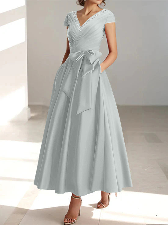 V Neck A Line Ankle Length Mother of the Bride Dress With Short Sleeves Pockets & Ruffles