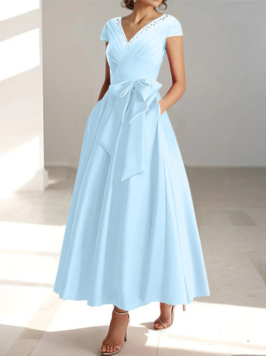 V Neck A Line Ankle Length Mother of the Bride Dress With Short Sleeves Pockets & Ruffles