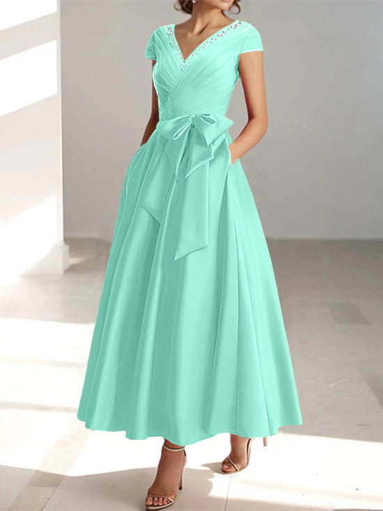 V Neck A Line Ankle Length Mother of the Bride Dress With Short Sleeves Pockets & Ruffles
