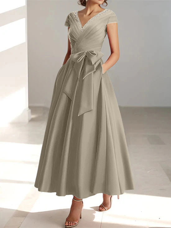 V Neck A Line Ankle Length Mother of the Bride Dress With Short Sleeves Pockets & Ruffles