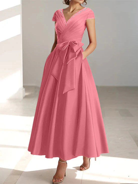 V Neck A Line Ankle Length Mother of the Bride Dress With Short Sleeves Pockets & Ruffles