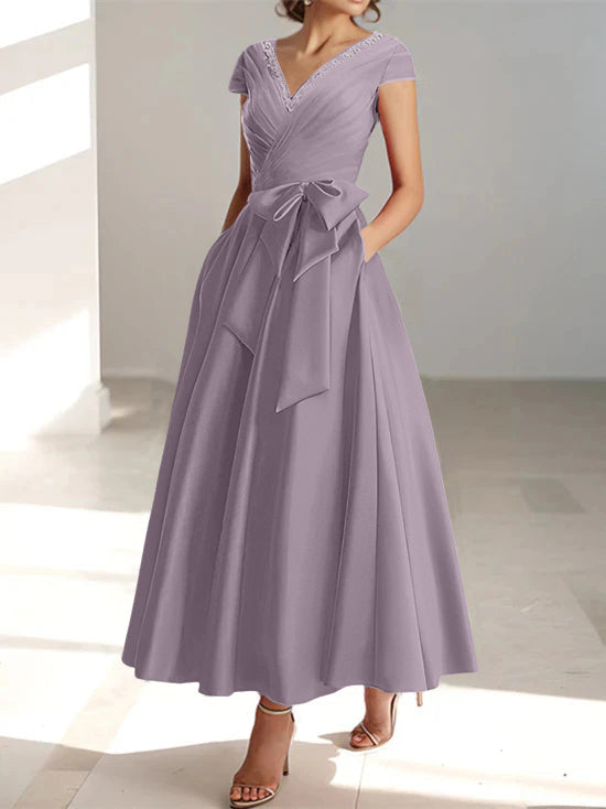 V Neck A Line Ankle Length Mother of the Bride Dress With Short Sleeves Pockets & Ruffles