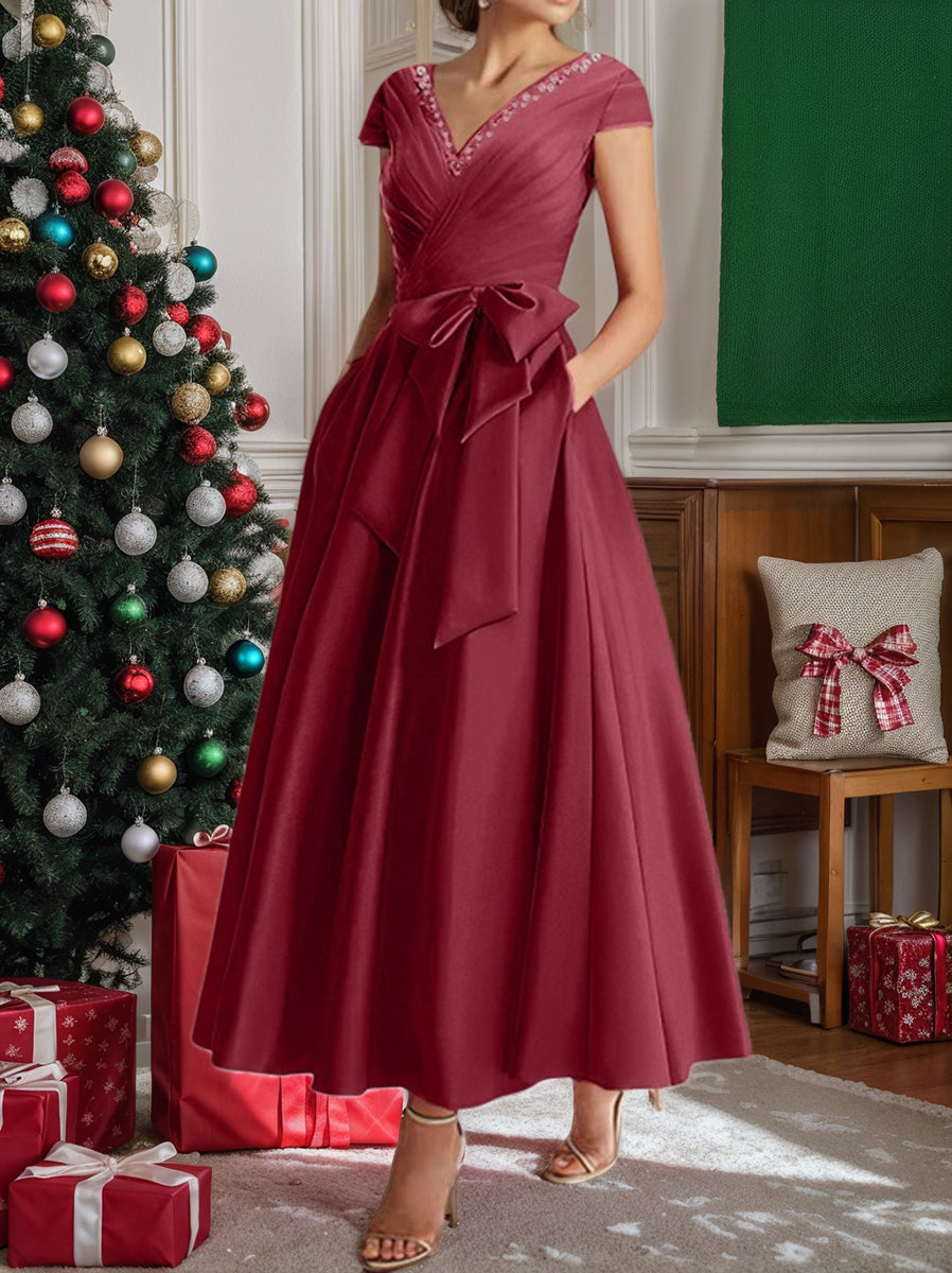 V Neck A Line Ankle Length Mother of the Bride Dress With Short Sleeves Pockets & Ruffles