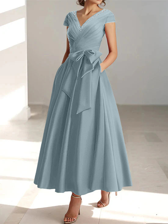 V Neck A Line Ankle Length Mother of the Bride Dress With Short Sleeves Pockets & Ruffles