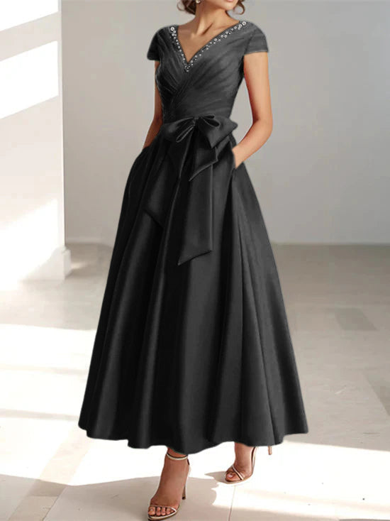 V Neck A Line Ankle Length Mother of the Bride Dress With Short Sleeves Pockets & Ruffles