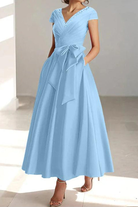 V Neck A Line Ankle Length Mother of the Bride Dress With Short Sleeves Pockets & Ruffles