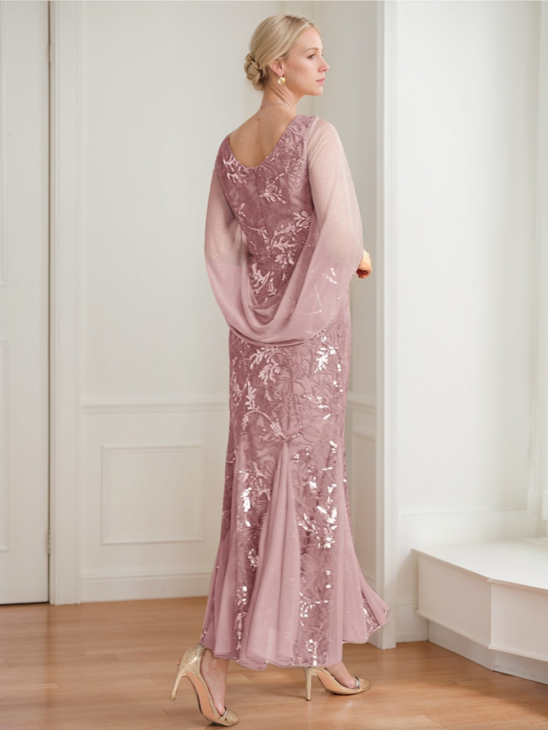 V Neck A Line Ankle Length Mother of the Bride Dress in Solid Color with Lace Half Sleeves