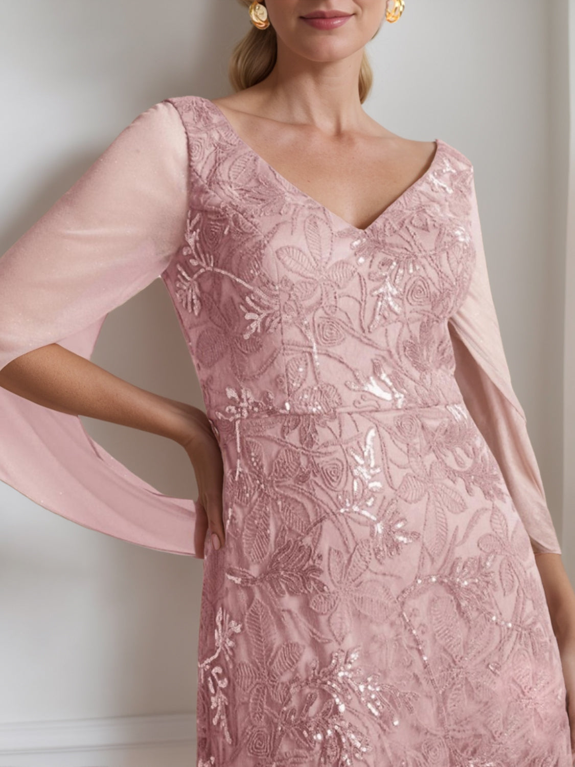 V Neck A Line Ankle Length Mother of the Bride Dress in Solid Color with Lace Half Sleeves