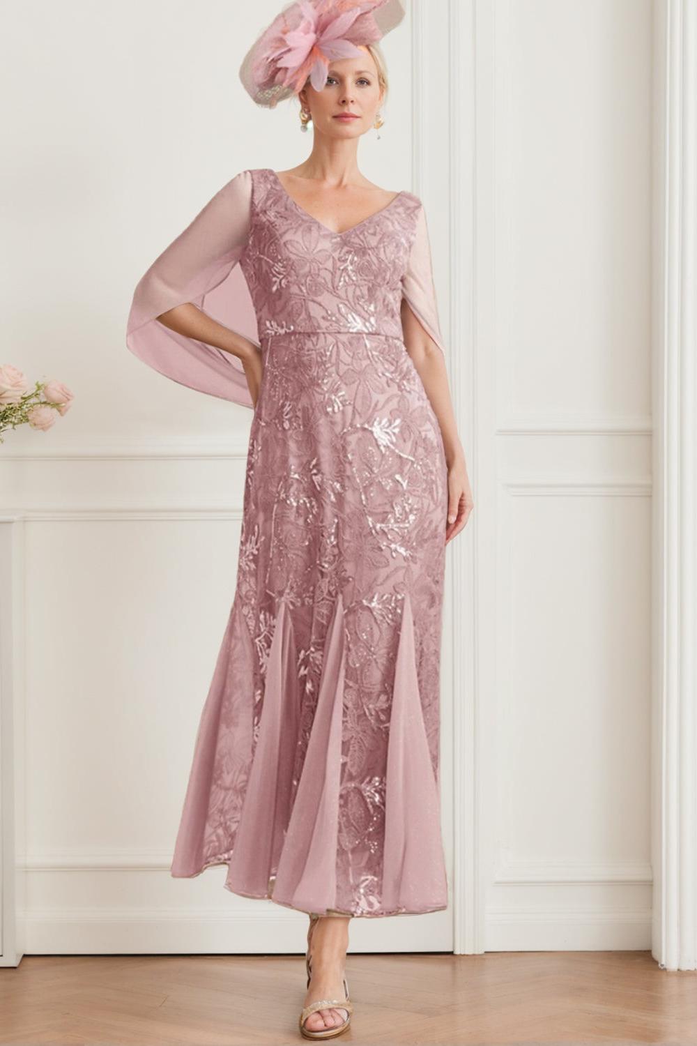 V Neck A Line Ankle Length Mother of the Bride Dress in Solid Color with Lace Half Sleeves