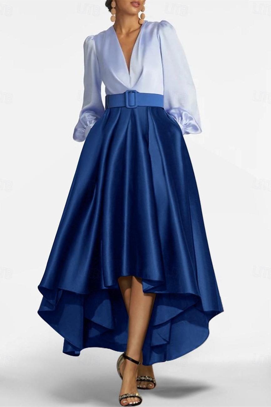 V Neck A Line Asymmetrical Mother of the Bride Dress with Belt