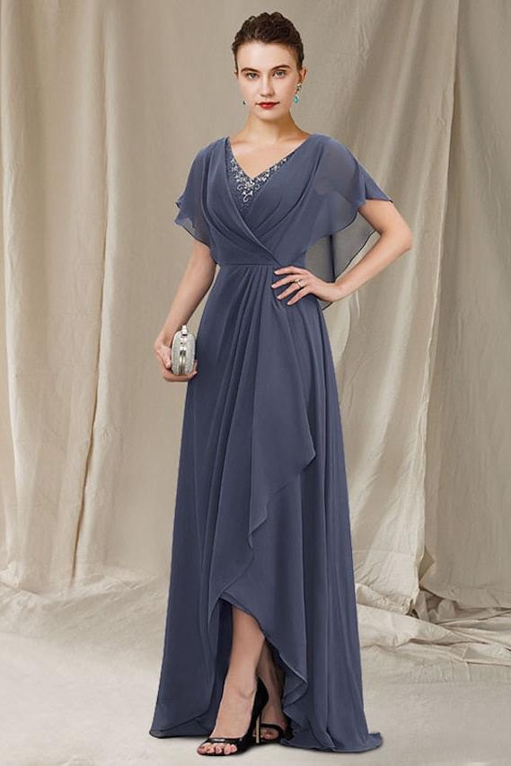 V Neck A Line Asymmetrical Mother of the Bride Gown