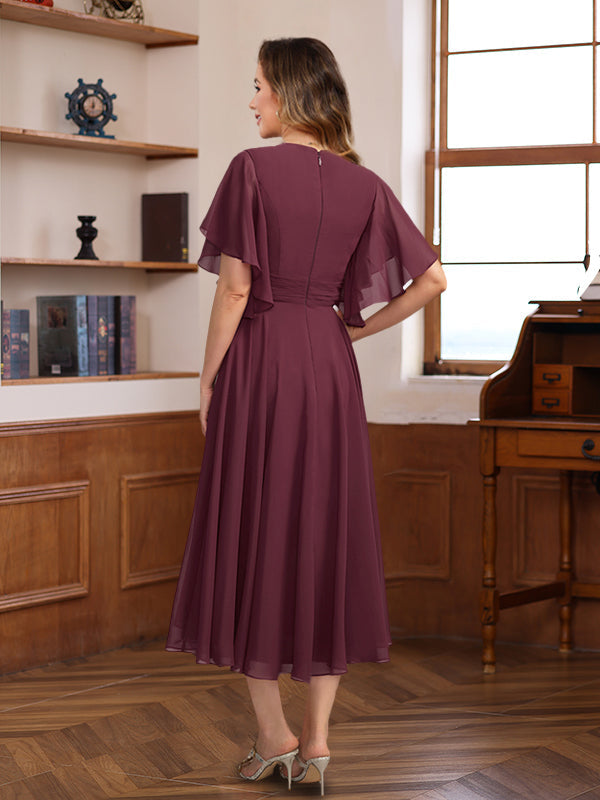 V Neck A Line Dress with Ruched Pleats and Jewel Appliques for Mothers of the Bride & Groom