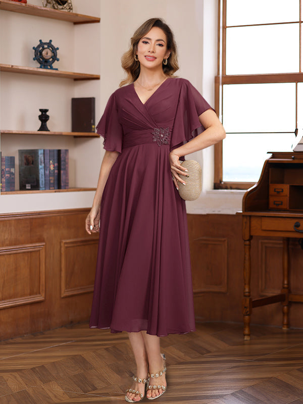 V Neck A Line Dress with Ruched Pleats and Jewel Appliques for Mothers of the Bride & Groom