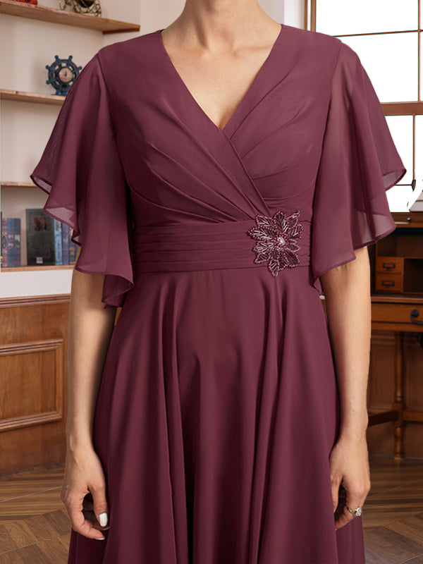 V Neck A Line Dress with Ruched Pleats and Jewel Appliques for Mothers of the Bride & Groom