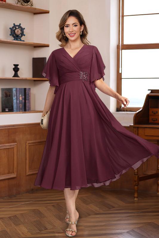 V Neck A Line Dress with Ruched Pleats and Jewel Appliques for Mothers of the Bride & Groom