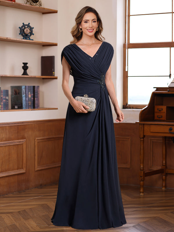 V Neck A Line Long Dress for Mothers of the Bride & Groom with Ruched Pleats Jewel Appliques & Sequins