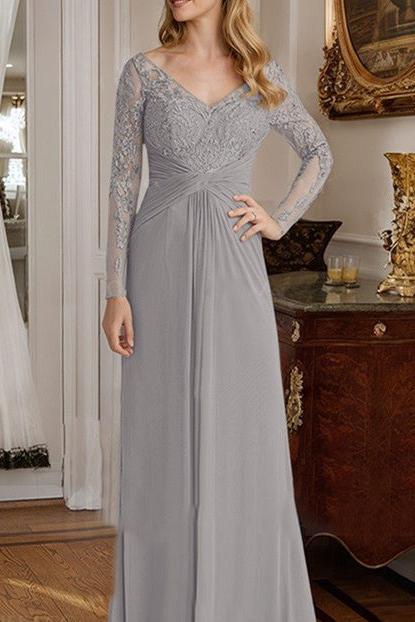 V Neck A Line Long Mother of the Bride Dress Featuring Lace Ruffle