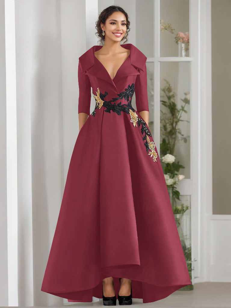 V Neck A Line Long Mother of the Bride Dress with 3/4 Sleeves Appliques and Beading