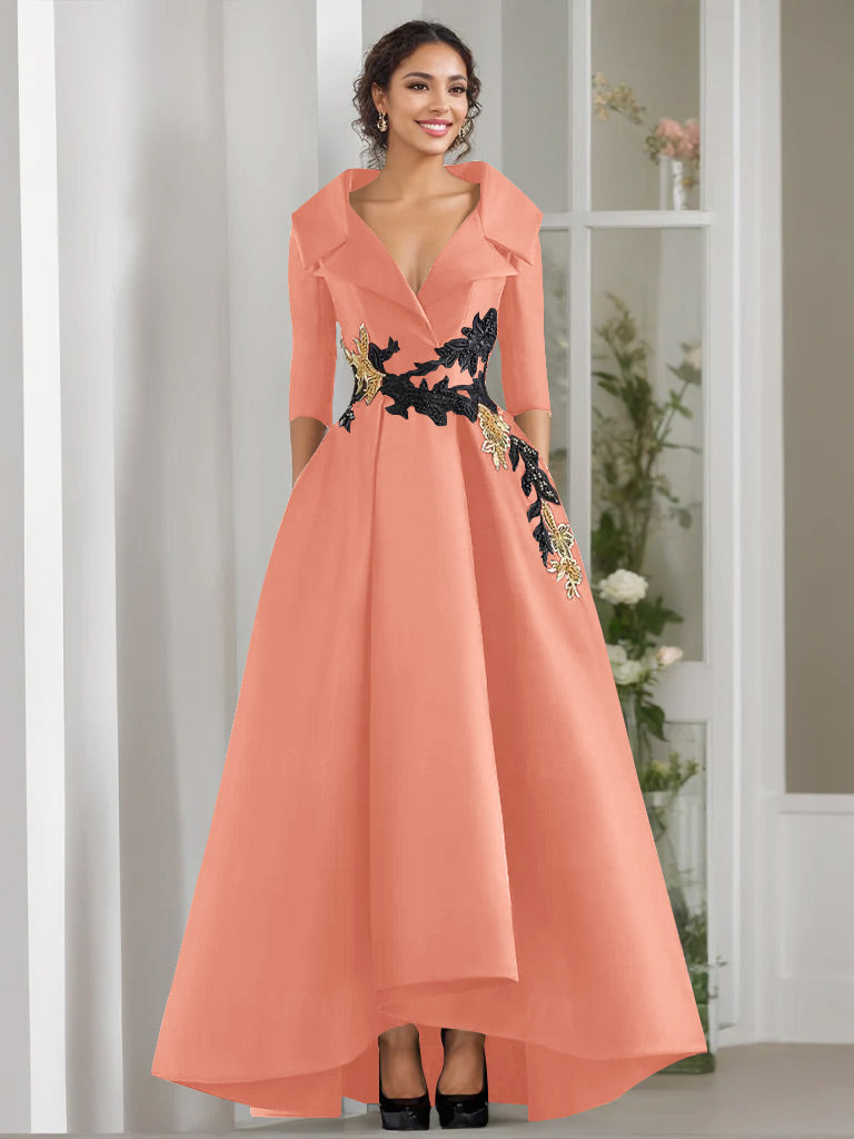 V Neck A Line Long Mother of the Bride Dress with 3/4 Sleeves Appliques and Beading