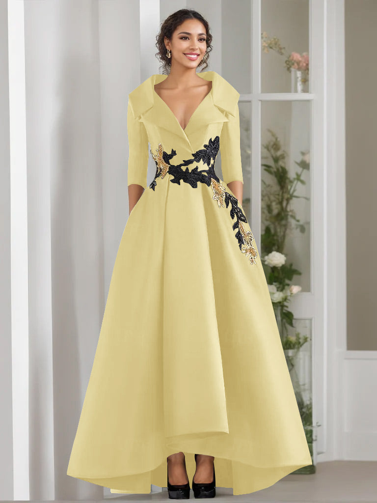 V Neck A Line Long Mother of the Bride Dress with 3/4 Sleeves Appliques and Beading