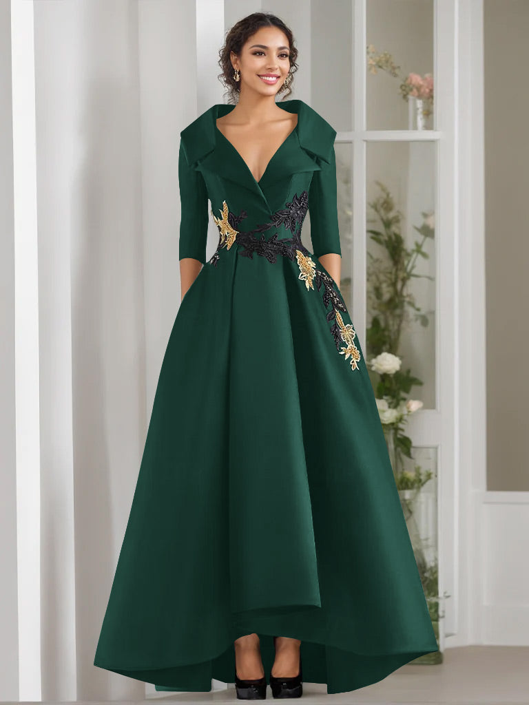 V Neck A Line Long Mother of the Bride Dress with 3/4 Sleeves Appliques and Beading