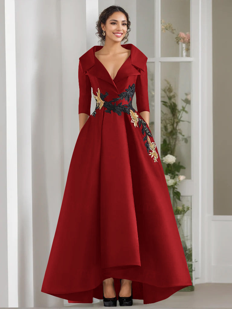 V Neck A Line Long Mother of the Bride Dress with 3/4 Sleeves Appliques and Beading